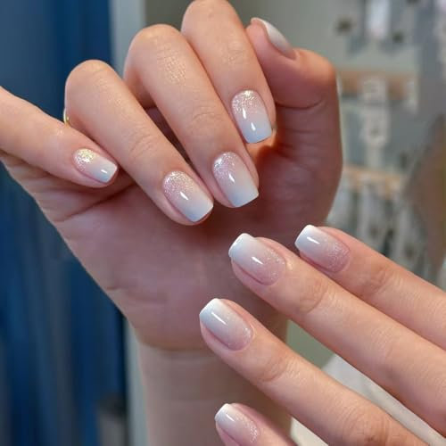 24 Stück Cat Eye Glitzer Press On Nails Short - Rosa Farbverlauf Weiß Künstliche Fingernägel - Quadratisch Künstliche Nägel Zum Aufkleben - Full Cover Fake Nägel Für Frauen & Mädchen