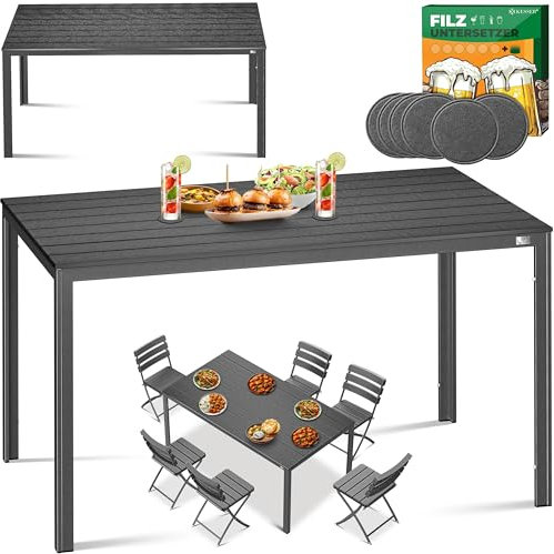 KESSER® Gartentisch 156x78cm für bis 6 Personen Esstisch Wetterfest & UV-Beständig | Outdoor Tisch mit pulverbeschichteter Stahl-Gestell & Kunststoff Tischplatte in Holz-Optik inkl. 6 Filz-Untersetzer