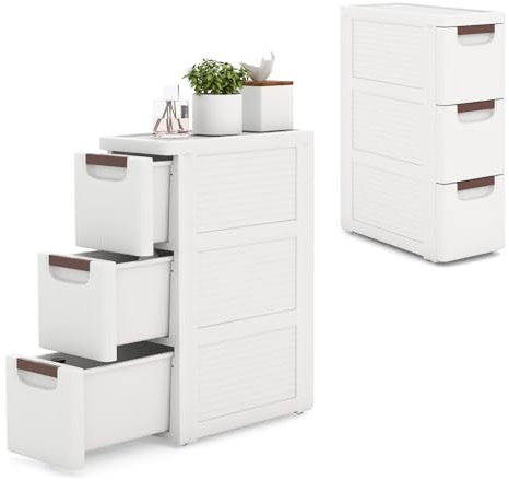 KOMFOTTEU Armario Estrecho con 4 Cajones, Carrito con Ruedas Ahorra Espacio, Estantería Lateral de PP, Mueble de Almacenamiento para Baño, Cocina (3 Cajones, 1 Pieza)