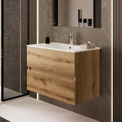 Mueble de baño suspendido 100 cm color roble roble con cajones y lavabo incluido - Rondel