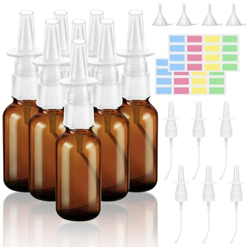 8 flaconi spray nasali vuoti da 30 ml, con etichetta vuota, ugello e imbuto | Nebulizzatore nasale in vetro, piccolo, riutilizzabile, ricaricabile, per profumi, oli essenziali, soluzione salina