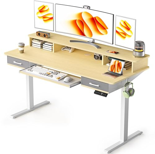 WALKINGDESK Electric Standing Desk with Keyboard Tray, 140 x 60 cm | Height Adjustable Desk, 2 Drawers, Monitor Stand, 4 Memory Heights, 72-118cm, Ergonomic Sit Stand Computer Desk, Oak