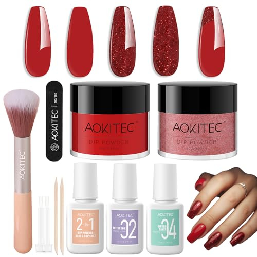 Aokitec Dip Powder Nail Kit - Red & Glitter Nail Powder with Dip Base & Top Activator Brush Saver, Dipping Acrylic Nail Kit Nail Dip Powder Starter Kit for Nail Art, Nail Set Gift for Women & Girls