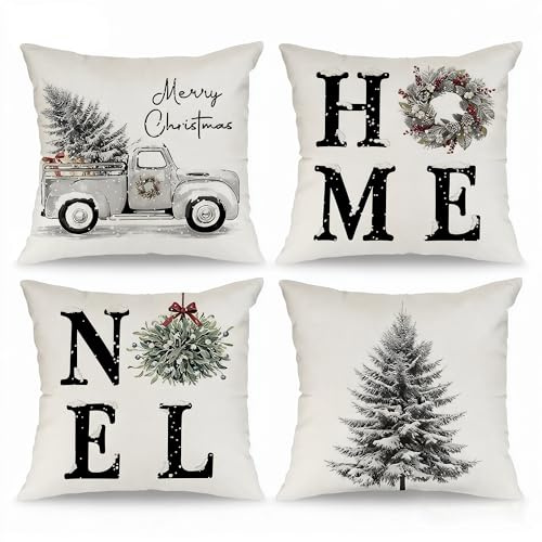 Basitys 4er Set Weihnachtskissen Kissenbezug 45x45 cm Polyester Kissenhüllen Noel Weihnachten Kissenbezüge für Zuhause Sofa Schlafzimmer Deko(45 x 45 cm, 4 Stück)
