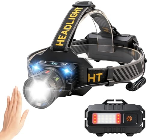 BORUIT T701A Linterna Frontal Superbrillante, con zoom y sensor de movimiento, 9 modos recargables, ángulo ajustable de 90°, resistente al agua IPX4, para acampar, trabajar y pescar