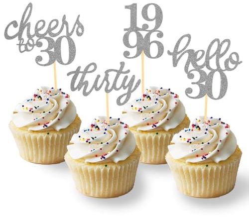 24 Stück Glitzer 30. Geburtstag Cupcake Topper | Geburtstagsdeko von 1996 für 30 Geburtstagsfeier Zubehör Party Dekoration Kuchendekoration in Silber
