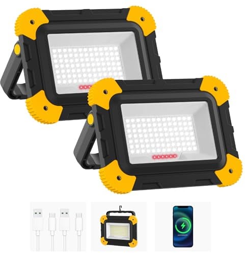 NATPOW 2 Stück Baustrahler Akku, 5 Modi LED Akku Strahler Magnetisch mit USB Kabel, Tragbar Wiederaufladbar Campinglampe, Baustellenlampe für Baustelle Garage Werkstatt Camping Notfall