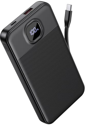 GREPRO Power Bank with Built in C Cable, 10000mAh 22.5W Fast Charging | Portable Charger with 2 USB-C + USB-A Output Ports, Travel Essential, for iPhone 17 16 15 Pro Max phones and Tablets