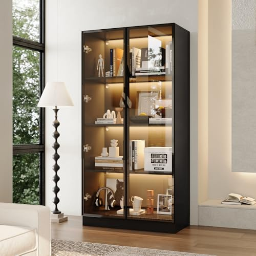 DEZAGCE Display Cabinet with Glass Doors, 4-Tier Curio Cabinet with 3 Color LED Lights, Display Cases with Adjustable Shelf for Collectibles Bedroom Living Room Office, 40D x 80W x 160H cm, Black