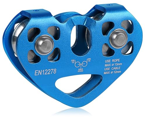 lalago Poulie de Tyrolienne 30 KN, Poulies de Renvoi Bleu, Pileuses Tandem à Double Vitesse de Cœur pour Câbles en Acier de Ø8 à 12mm et Cordes Textiles Jusqu'à Ø13mm pour l'escalade et Sauvetage