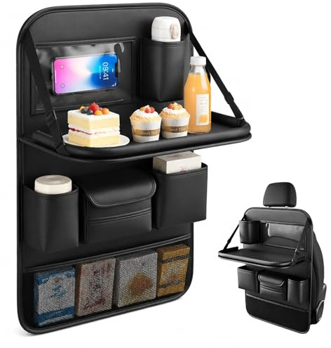Jinfanshurich Auto Organizer Rücksitz aus Leder mit Klapptisch, Autositz Organizer mit Tablet Halter & Rückenlehnenschutz, Auto Aufbewahrung mit Tisch, Reisetisch für Vordersitz & Rücksitz