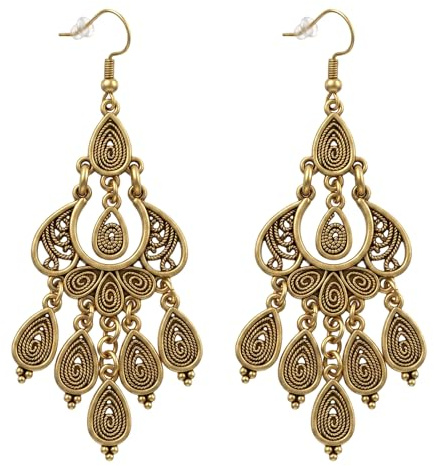 Boho Ohrringe, Kronleuchter Statement Ohrringe Damen Quasten Ohrhänger | Bronze Vintage Hängeohrringe Lange Tropfenform Quaste Geometrie Hakenohrringe Indischer Schmuck für Festival Urlaub