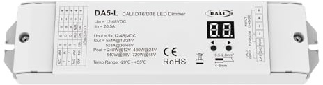 DALI-Dimmer 5 Kanäle, 5X4A@12V/24V, 5X3A@36V/48V, dimmbar mit NO-Taste, Push Dim, DALI-2, PWM, DT6 DT8 für einfarbige LED-Streifen CCT RGB RGBW RGB+CCT