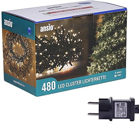 ANSIO Weihnachtsbeleuchtung 480 LED 6m Warmweiß Außen Cluster Baumbeleuchtung String Innenlichterkette Memory Timer Netzbetrieben Beleuchtet Länge 10m Dachrinne Grünes Kabel