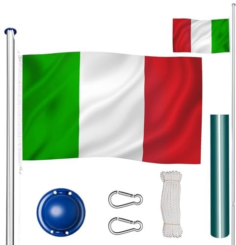 tectake® Asta Alluminio 625 cm con Bandiera, Corda e Piantone, Set, Regolabile in Altezza, Asta Allungabile, Asta Bandiera Esterno, Asta per Bandiera da Giardino - Italia