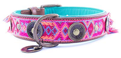 Dog with a Mission - Hundehalsband XL | Farbenfroh in Rosa und Türkis | Boho, Ethno, Ibiza, Hippie | Ideal für extra große Hunde | Handgemacht | Modisch und Bunt | Aus weichem Echtes Leder | 4 cm Breit