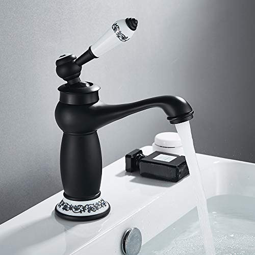 Mitigeur Robinet Lavabo Rétro Laiton Céramique Évier Robinet Noir en Porcelaine À Long Cou Vintage Floral avec l'entrée Robinet d'eau Froide/Chaude Robinet Salle de bain(noir)