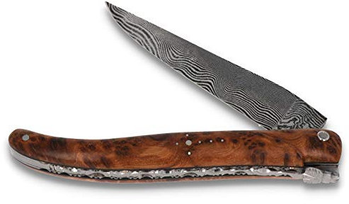 Laguiole en Aubrac Messer 12 cm - Griffschalen Thuja Maserholz plein manche - Ziselierte Platine - Damastklinge - Frankreich Taschenmesser