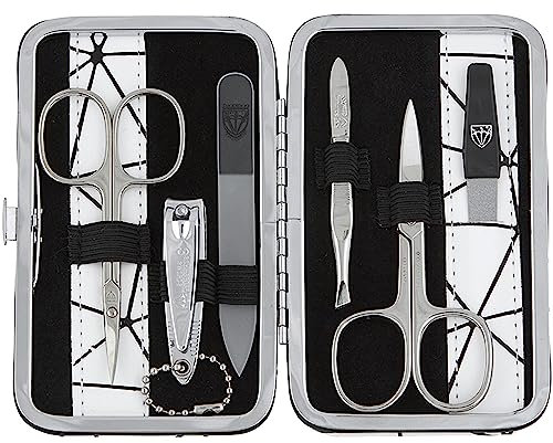 DREI SCHWERTER - Germany 6-tlg. 'Genova' | Maniküreset Nagel Set Etui in Kunstleder Spiderlook | Inhalt: Nagelschere, Hautschere, Nagelknipser, Glasnagelfeile, Pinzette, Saphirnagelfeile