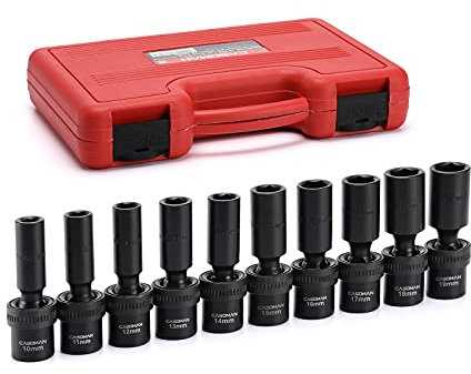 CASOMAN 10 PCS 1/2 Drive Deep Universal Impact Socket Set, Metric,10-19mm, Swivel Sockets, Flexible,CR-MO