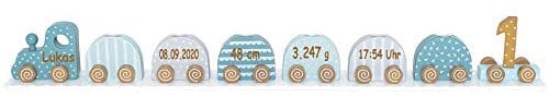 Geburtstagszug Kerzenhalter aus Holz blau personalisierbar mit Name und Geburtsdaten Baby Geschenk mit Gravur