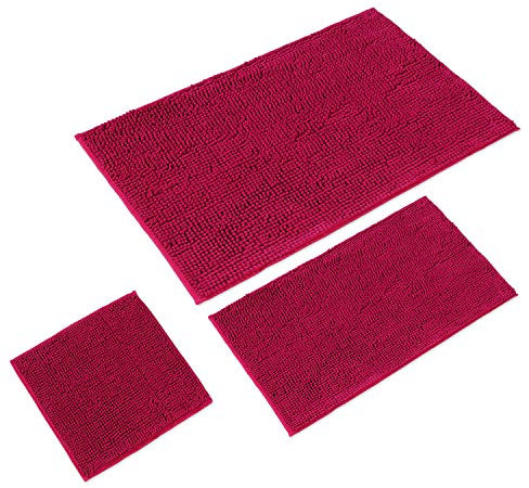 WohnDirect Badematten Set 3 teilig Pink • WC Vorleger (45x45cm), Badematte (50x80cm,70x120cm) • rutschfest waschbar Badezimmerteppich OHNE WC-Ausschnitt