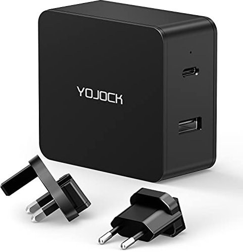 YOJOCK USB C Wall Fast Charger Dual Ports 45W Power Delivery Quick Charging Mains PD Type C Adapter Plug Compatible with iPhone 13/12/Pro/11/XS/XR/X/8, Samsung Galaxy S22 S21 S20, Laptop (57W, Black)