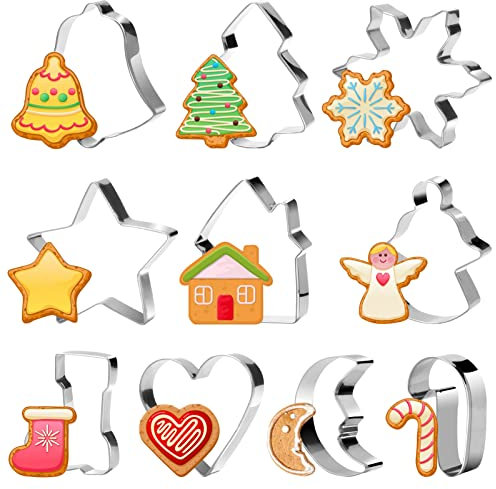10 Pieces Christmas Cookie Cutters Set Xmas Biscuit Cutters Shapes of Christmas Tree, Star, Bell, Elk, Snowflake & More for Fondant Cookie DIY Baking