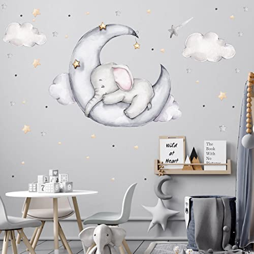 WANDKIND Elefant auf dem Mond Wandtattoo V311 | handgezeichnet | AUFKLEBER Kindergarten | Wandsticker Kinderzimmer Elefanten mit Sterne Elephant Halbmond (100 x 100 cm)