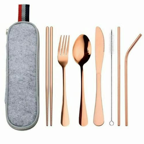 8Pcs Stainless Steel Cutlery Set Portable Spoon Fork Chopsticks Tableware Travel (Rose Gold)