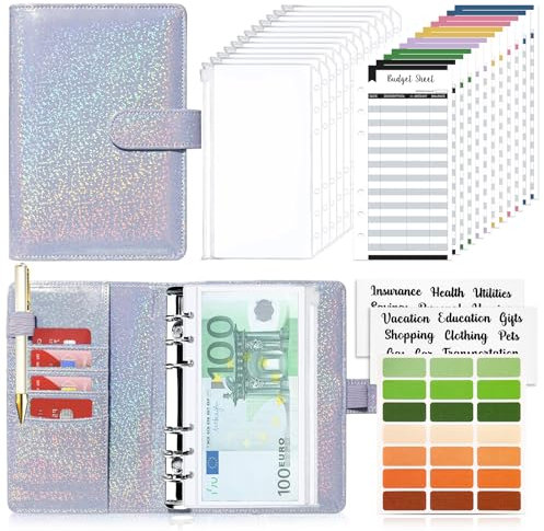 TAOPE Raccoglitore Notebook A6, Binder Budget Set Portadocumenti in Pelle PU con 12 Trasparente Sacchetti Cerniera Compilabile, per Budget Contanti Buste Risparmio Denaro - Viola Laser