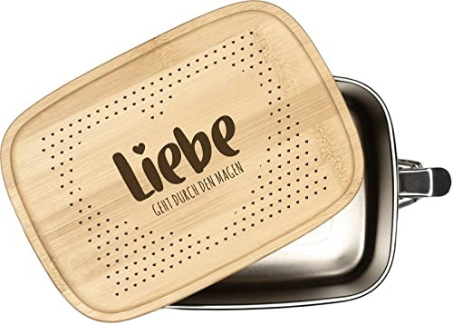 Tassenbrennerei Brotdose mit Spruch - Liebe geht durch den Magen - 1000ml Edelstahl Box mit Bambusdeckel graviert - Geschenk für Freundin, Freund - Ich liebe Dich Geschenk