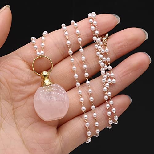Pendant Natural Stone Perfume Bottle Pendant Necklace Natural Rose Quartz Pendant Essential Oil Diffuser 21x30x12mm,Rose Quartz,80 Cm