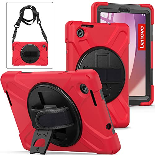 UFinetech Coque Protectrice Lenovo Tab M8 Gen 4 2023 - Housse Robuste TB-300FU, Antichoc, Poignée 360°, Support, Porte-Stylo & Sangle d'épaule Ajustable, Tablette 8” HD, Parfaite pour Enfants - Rouge