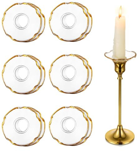 Hewory Gläser Kerzen Tropfenfänger für Stabkerzen 12er - Kerzenhalter Glas Tropfschutz für Spitz Tropfenfänger für Kerzen Glas Dekorative Kerzen Kommunion für Hochzeit Wohnzimmer, Gold-Muschel-Rand