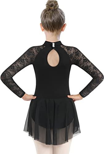 DANSHOW Mädchen Spitze Ballett Trikot Gymnastik Tanzkleidung für Tanz | Wassertropfen-Hohlrücken, Spitzen-Herzausschnitt, Spitzenärmel, asymmetrischer Mesh-Rock, elastischer Stoff