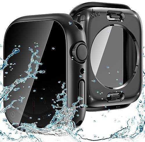 Neitra (2 in 1) wasserdichte Hülle für Apple Watch 45mm Serie 7 & 8 & 9, 360°Rundum PC Schutzhülle Privatsphäre Hartglas Displayschutzfolie + Rückseitenschutz Bumper Cover Vollschutz Case