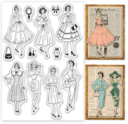 ORIGACH Vintage Elegante Dame klare Stempel für Kartenherstellung Retro Kleidung Frauen Transparente Silikonstempel für DIY Scrapbooking Journaling Fotoalbum Bastelzubehör