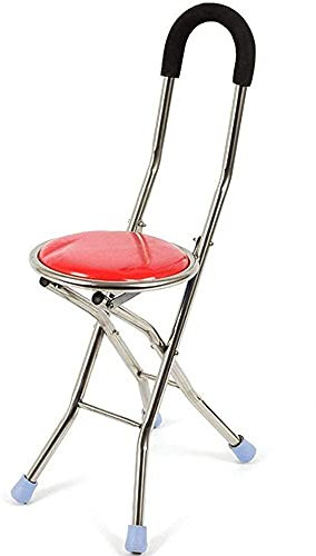 MDybf Stuhl Gehstock, Edelstahl-Krückenhocker mit vierbeiniger Rückenlehne, Gehstockstuhl, Gehstockhocker für ältere Menschen, Klappstuhl, 87 cm, Rot, praktische Familie