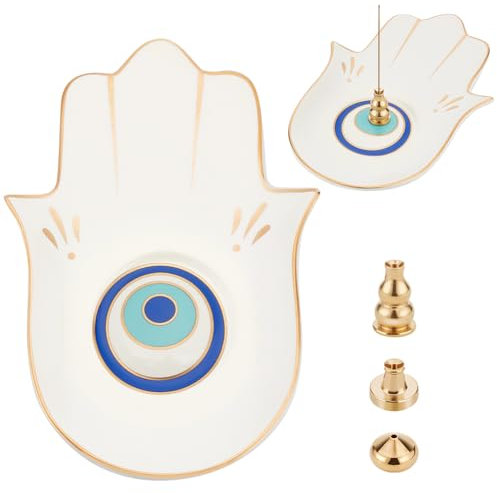WEBEEDY Porte-Encens à Main Hamsa 4 en 1 brûleur D'Encens avec 1 Plateaux en Céramique et 3 Porte-Encens en Laiton pour Bâtons et Bobines D'Encens, Décoration de Bouddha Zen Bohème