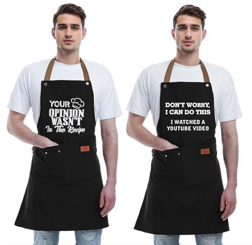 YAKUNCL Lustige Schürze, verstellbare Schürze, Küchenschürze, Küchenschürze, Kochschürze mit Taschen, Grillschürze für Männer und Frauen, 2 Stück, Schwarz, Medium