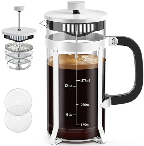 QUQIYSO French Press Coffee Maker 304 Stainless Steel Coffee Press with 4 Filter, Heat Resistant Durable, Easy to Clean, Borosilicate Glass Coffee Press, 100% BPA Free Teapot, 21 ounce, White