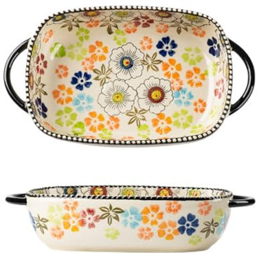 Auflaufform Klein Keramik| Rechteckig Lasagneform Für 1 Personen| Vintage Keramik Lasagne Pfannen Ofenform| Porzellan Backform Mit Griff Für Lasagne, Tiramisu, Auflauf| 23.5x13x5cm (Stil D)
