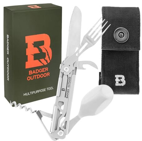 Badger Outdoor Paw 6in1 Multitool - Multifunktionsmesser aus Edelstahl - Camping-Besteck für Wandern, Outdoor und Survival - Hochwertiges EDC-Werkzeug - Geschenke für Männer