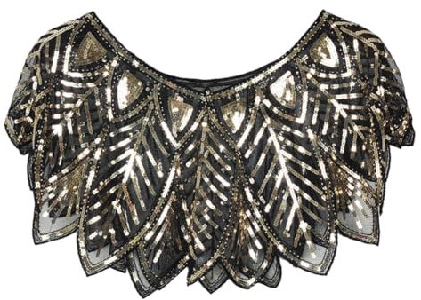 iSpchen Paillettenumhang Damen Festlich Pailletten Umhang Schal Schultertuch Stola Tuch Abendkleid Strass Party Umschlagtücher Abendkleid Spitze Flapper Kostüm Schwarzes Gold