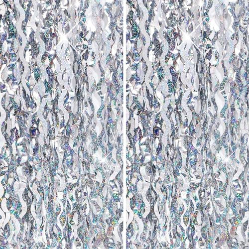 Silver Foil Fringe Tinsel Backdrop Glitter,2P 3.2ft x 6.5ft Wavy Silver Foil Curtain Decoration,Laser Foil Fringe Metallic Tinsel Door Hanging Flow Silk Streamers for Birthday Wedding Holiday Party
