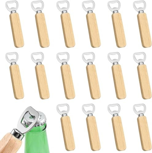 Flaschenöffner Holz, Tragbare Kapselheber,Gravierbare Flaschenöffner aus Holz, Edelstahl Bieröffner, Holzgriff Design für Zuhause, Küche, Bar(16 Stück)