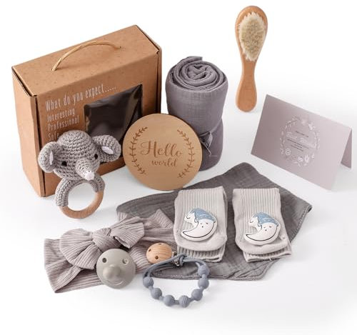 WOODEN TEETHER 10-teiliges Babygeschenkset zur Geburt für Junge und Mädchen, Personalisierte Geschenke, Badetücher, Schnullerkette, Rassel, Meilensteinkarten, Lätzchen, Socke, Bürste, Babyparty(Grau)