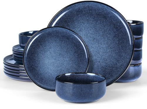 Geschirr Set für 6 Personen, Onader 18 Teiliges Steinzeug Tafelservice Kombiservice, je 6 Speiseteller, Dessertteller, Müslischalen, Spülmaschinenfest & Anti-Kratzer - Galaktisch Blau