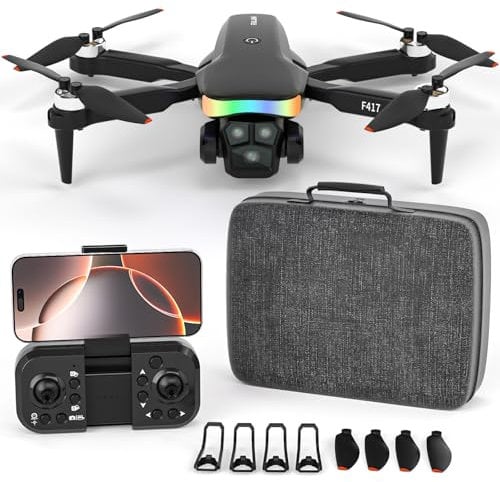 F417 Drohne mit Kamera 1080P für Kinder,90°LED Bunt Lampe Bürstenlosem Drone mit WiFi Übertragung,FPV Dual Kamera Drones für Anfänger,Kameradrohne outdoor RC Quadrocopter für Jungen Mädchen,Handtasche